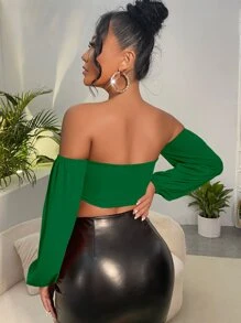 SHEIN SXY Off Shoulder Twist Front Cut Out Crop Top - Dark Green - View 2