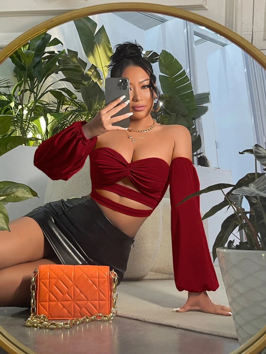 SHEIN SXY Summer Sexy Off Shoulder Twist Front Cut Out Crop Top - Burgundy - View 1