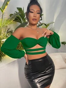 SHEIN SXY Off Shoulder Twist Front Cut Out Crop Top - Dark Green - View 3