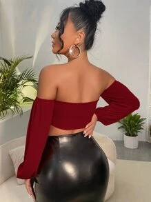 SHEIN SXY Summer Sexy Off Shoulder Twist Front Cut Out Crop Top - Burgundy - View 2