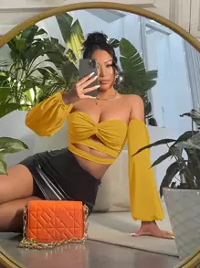 SHEIN SXY Off Shoulder Twist Front Cut Out Crop Top - Yellow - View 1