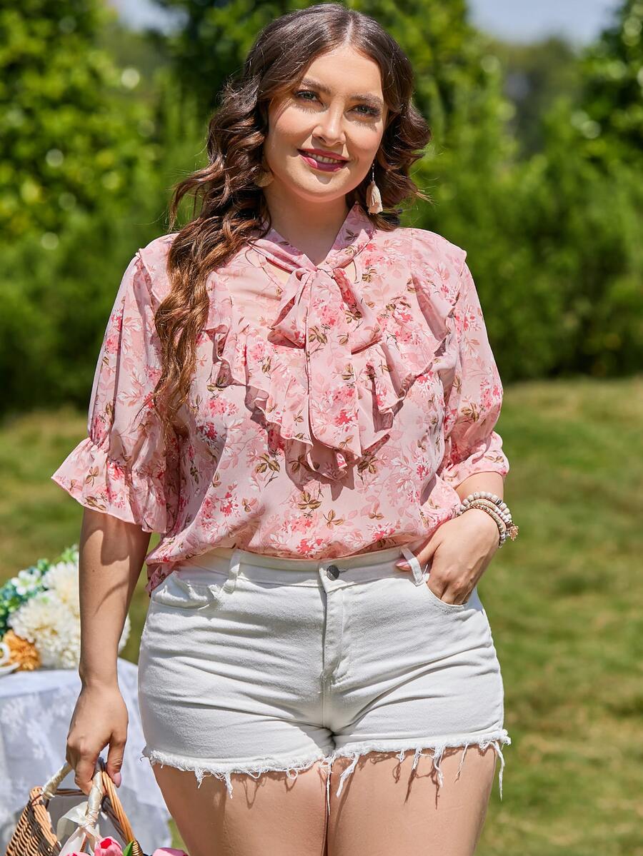 SHEIN Unity 波西米亞揉皺花卉印花 全身印花加大襯衫 - 淺粉色 - 查看 1