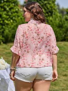 SHEIN Unity 波西米亞揉皺花卉印花 全身印花加大襯衫 - 淺粉色 - 查看 2