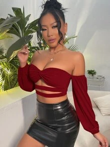 SHEIN SXY Summer Sexy Off Shoulder Twist Front Cut Out Crop Top - Burgundy - View 4