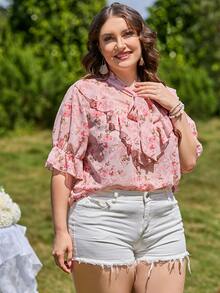 SHEIN Unity 波西米亞揉皺花卉印花 全身印花加大襯衫 - 淺粉色 - 查看 3