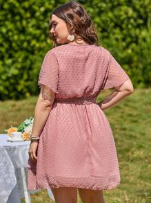 Vestido En Tallas Grandes Con Detalle De Puntitos Suizos, Volantes Y Cinturón - Rosa vieja - Ver 2