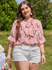 SHEIN Unity 波西米亞揉皺花卉印花 全身印花加大襯衫 - 淺粉色 - 查看 4