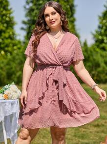 Vestido En Tallas Grandes Con Detalle De Puntitos Suizos, Volantes Y Cinturón - Rosa vieja - Ver 5