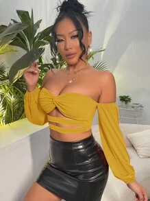 SHEIN SXY Off Shoulder Twist Front Cut Out Crop Top - Yellow - View 4