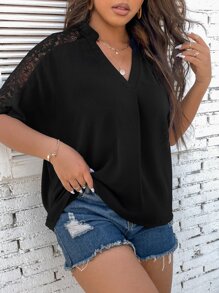 SHEIN LUNE Plus Contrast Lace Batwing Sleeve Blouse - Black - View 1