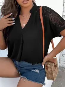 SHEIN LUNE Plus Contrast Lace Batwing Sleeve Blouse - Black - View 4