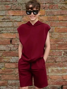 SHEIN Tween Boy Solid Hooded Tank Top & Shorts Set - Burgundy - View 1