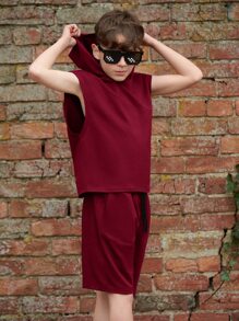 SHEIN Tween Boy Solid Hooded Tank Top & Shorts Set - Burgundy - View 3
