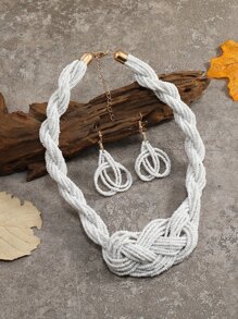 極簡風格串珠項鏈帶耳墜 - 白色 - 查看 1