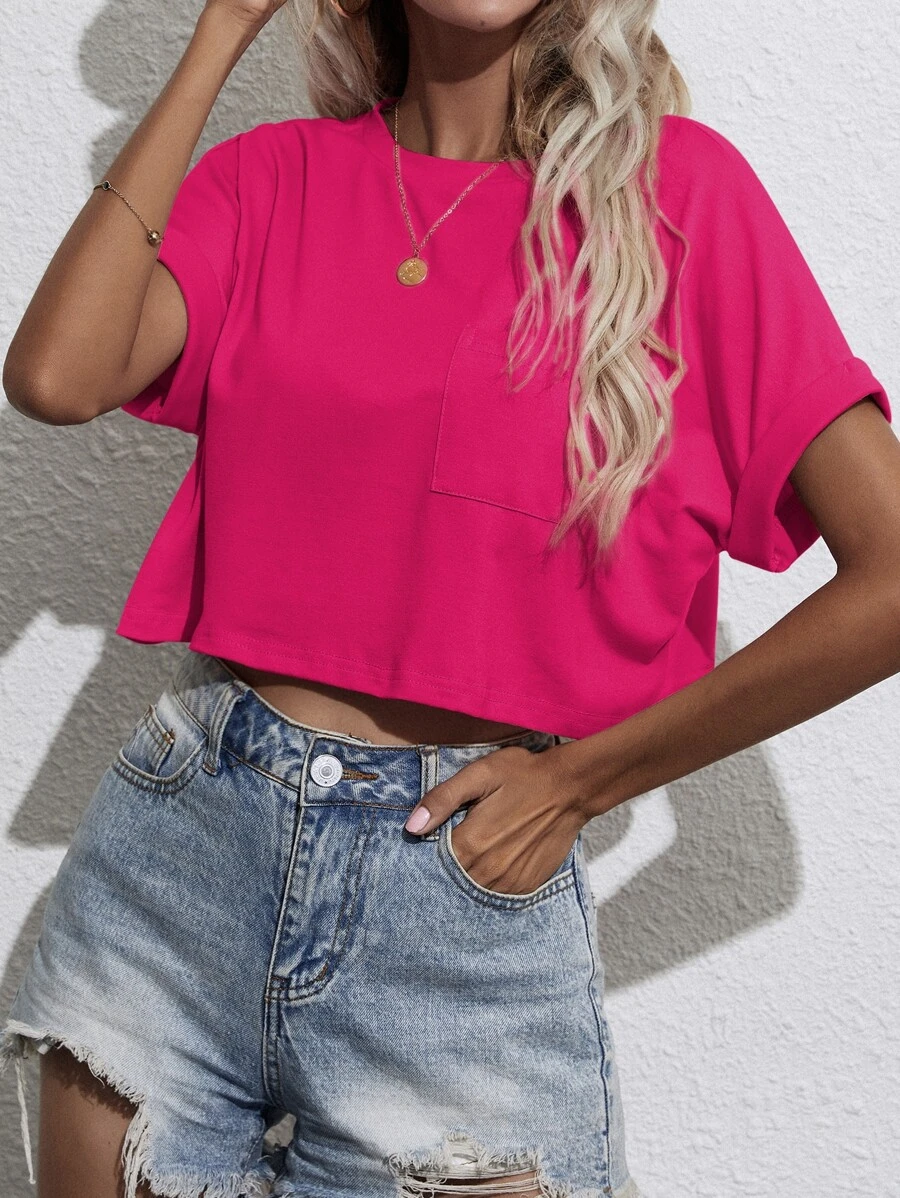 SHEIN Unity Batwing Sleeve Pocket Patched Crop Tee - Hot Pink - View 1