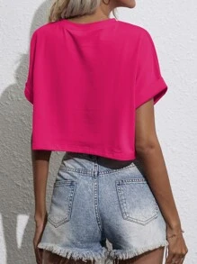 SHEIN Unity Batwing Sleeve Pocket Patched Crop Tee - Hot Pink - View 2