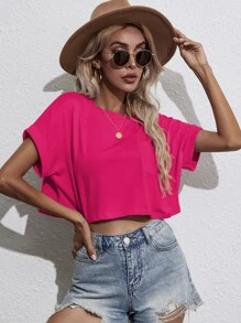 SHEIN Unity Batwing Sleeve Pocket Patched Crop Tee - Hot Pink - View 3