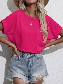 SHEIN Unity Batwing Sleeve Pocket Patched Crop Tee - Hot Pink - View 5
