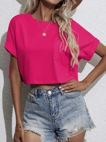 SHEIN Unity Batwing Sleeve Pocket Patched Crop Tee - Hot Pink - View 6
