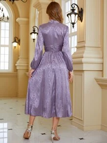 Modelyn Floral Jacquard Mock Neck Ruched Satin Prom Dress - Purple - View 2