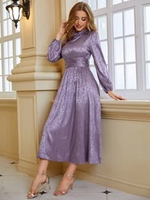 Modelyn Floral Jacquard Mock Neck Ruched Satin Prom Dress - Purple - View 4