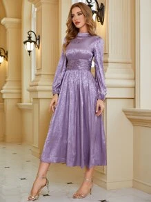 Modelyn Floral Jacquard Mock Neck Ruched Satin Prom Dress - Purple - View 5