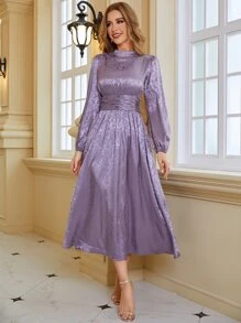 Modelyn Floral Jacquard Mock Neck Ruched Satin Prom Dress - Purple - View 7