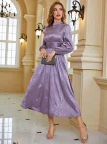 Modelyn Floral Jacquard Mock Neck Ruched Satin Prom Dress - Purple - View 8