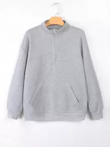 INAWLY 半拉链门襟落肩卫衣，长袖上衣，毕业季、教师节、返校季套头衫 - 灰色 - 查看 1