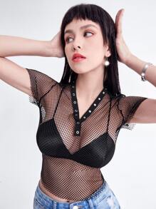 魚網紗前紐扣上衣 - 黑色 - 查看 1
