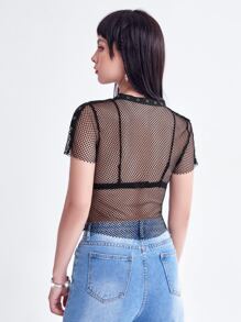 魚網紗前紐扣上衣 - 黑色 - 查看 2