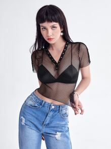 魚網紗前紐扣上衣 - 黑色 - 查看 3