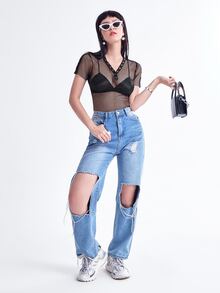 魚網紗前紐扣上衣 - 黑色 - 查看 4