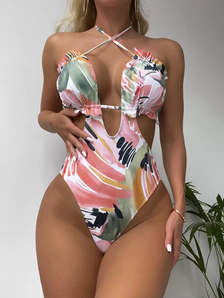 SHEIN Swim Summer Beach Random Brush Print Frill Trim Tie Back Halter One Piece Swimsuit - Multicolor - View 1