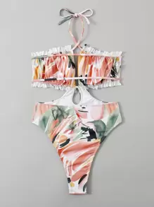 SHEIN Swim Summer Beach Random Brush Print Frill Trim Tie Back Halter One Piece Swimsuit - Multicolor - View 4