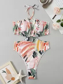 SHEIN Swim Summer Beach Random Brush Print Frill Trim Tie Back Halter One Piece Swimsuit - Multicolor - View 5