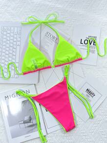 SHEIN Swim Summer Beach Double Face Neon Bikini Set Halter Triangle Bra Top & Tie Side Bikini Bottom 2 Piece Bathing Suit