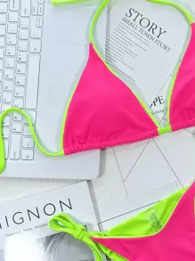 SHEIN Swim Summer Beach Double Face Neon Bikini Set Halter Triangle Bra Top & Tie Side Bikini Bottom 2 Piece Bathing Suit