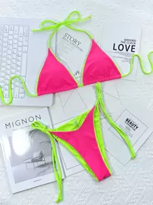 SHEIN Swim Summer Beach Double Face Neon Bikini Set Halter Triangle Bra Top & Tie Side Bikini Bottom 2 Piece Bathing Suit