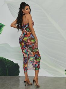 SHEIN Allover Butterfly Print Split Back Mesh Dress