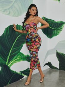 SHEIN Allover Butterfly Print Split Back Mesh Dress