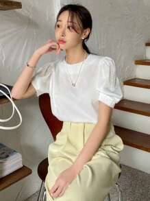 DAZY Áo sơ mi tay phồng sau lỗ khóa - trắng - Xem 5