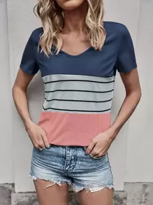 Camiseta de color combinado de rayas - Multicolor - Ver 1