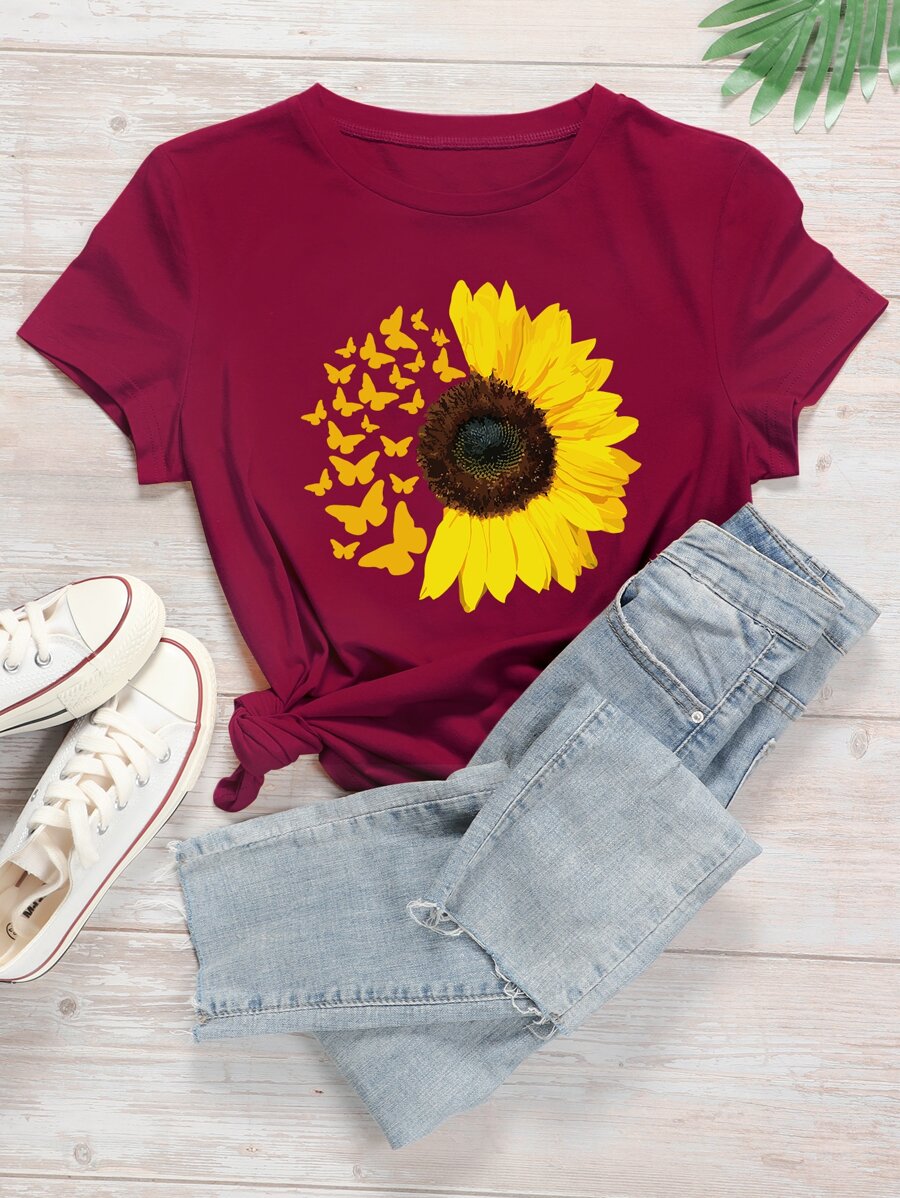 SHEIN LUNE Camiseta con estampado de mariposa y girasol - Burdeos - Ver 1
