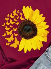 SHEIN LUNE Camiseta con estampado de mariposa y girasol - Burdeos - Ver 4