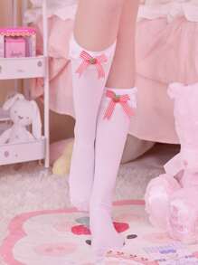 ROMWE Kawaii Bow & Strawberry Decor Over The Calf Socks - White - View 1