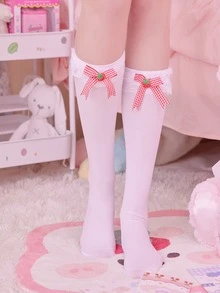ROMWE Kawaii Bow & Strawberry Decor Over The Calf Socks - White - View 2
