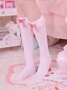 ROMWE Kawaii Bow & Strawberry Decor Over The Calf Socks - White - View 3