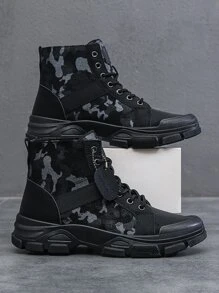 Nam Ngụy Trang Lông Cừu Buộc Dây Phía Trước Giày Chiến Đấu Giày Cao Cổ Nam Ngụy Trang Lông Cừu Ủng - màu đen - Xem 4