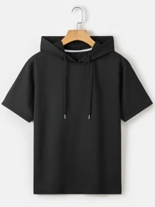 Men Solid Drawstring Hooded Tee - Black - View 1